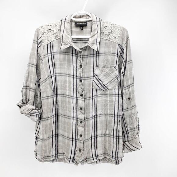 Lane Bryant gray plaid lace detail hi low button Down loose fit casual sz 18 - Picture 1 of 11